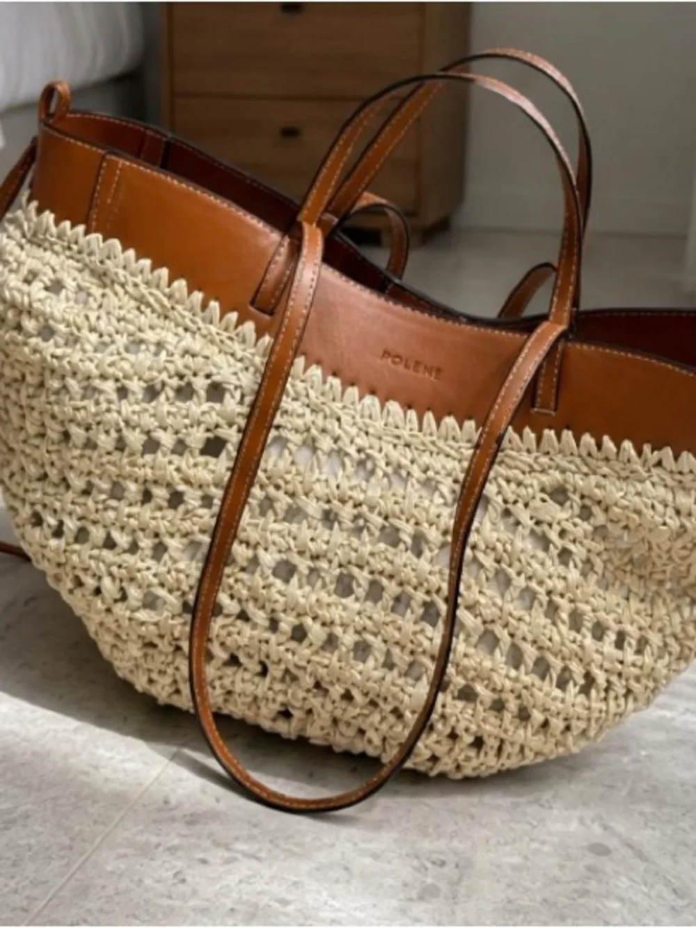 Woven Straw Tote Bag with Brown Faux-Leather Trim